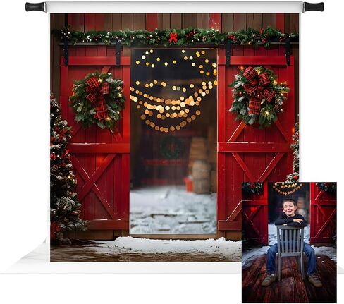 Kate Christmas Barn Backdrop Christmas Trees and Lights Background Winter Night Red Door Photo Background Studio Props,10x6.5ft in Saudi Arabia