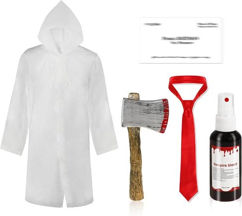HOWAF 5pcs Halloween Psycho Killer Costume, Include Raincoat, Red Ties, Fake Blood, Business Card, Plastic Fake Axe for Men Women Cosplay Party Dress Up Psycho Movie Character Costume in Saudi Arabia