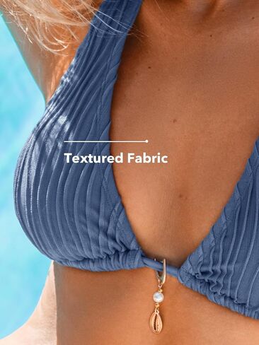 CUPSHE Women's Bikini Sets Two Piece Swimsuit Plunging Neck Halter Low Rise Cheeky Bottom Strappy Side Tie, M Steel Blue in Saudi Arabia