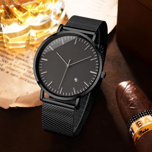 Mens Watches Sleek Minimalist Analog Quartz Waterproof Watches for Men, Stainless Steel Mesh Band Men's Wrist Watch with Auto Date in Saudi Arabia