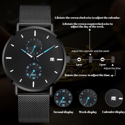 Mens Watches Sleek Minimalist Analog Quartz Waterproof Watches for Men, Stainless Steel Mesh Band Men's Wrist Watch with Auto Date in Saudi Arabia