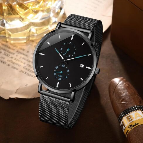 Mens Watches Sleek Minimalist Analog Quartz Waterproof Watches for Men, Stainless Steel Mesh Band Men's Wrist Watch with Auto Date in Saudi Arabia