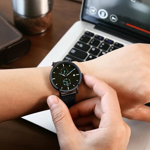 Mens Watches Sleek Minimalist Analog Quartz Waterproof Watches for Men, Stainless Steel Mesh Band Men's Wrist Watch with Auto Date in Saudi Arabia