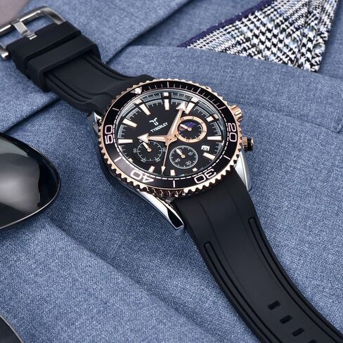 ساعة كوارتز رجالية عتيقة Moonphase كرونوغراف بحزام مطاطي مقاوم للماء مضيئة ساعة يد رياضية كاجوال in Kuwait