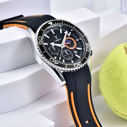 ساعة كوارتز رجالية عتيقة Moonphase كرونوغراف بحزام مطاطي مقاوم للماء مضيئة ساعة يد رياضية كاجوال in Kuwait
