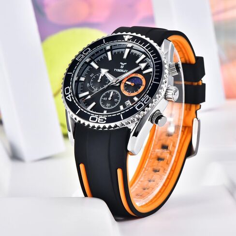 ساعة كوارتز رجالية عتيقة Moonphase كرونوغراف بحزام مطاطي مقاوم للماء مضيئة ساعة يد رياضية كاجوال in Kuwait