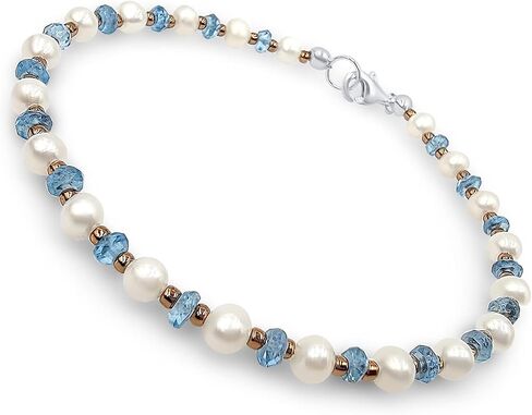 Real Gemstone and genuine pearl strand bracelet, custom length with solid 925 sterling silver lobster clasp, classy birthstone gift for her, Uniquelan Jewelry in Kuwait
