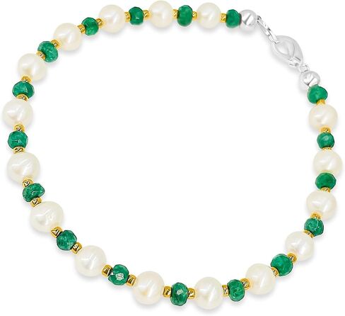 Real Gemstone and genuine pearl strand bracelet, custom length with solid 925 sterling silver lobster clasp, classy birthstone gift for her, Uniquelan Jewelry in Kuwait