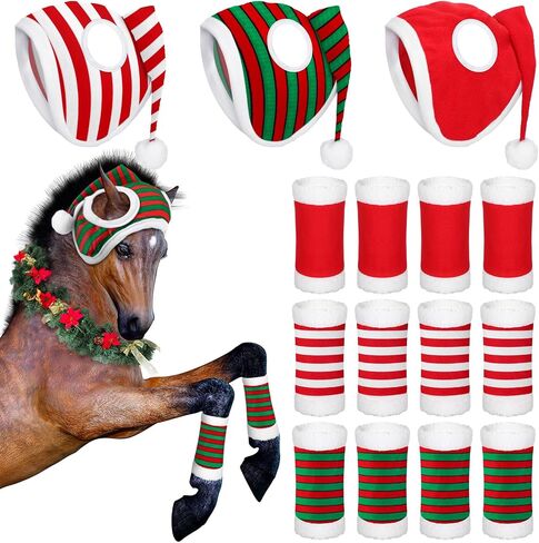 15 Pcs Christmas Horse Accessory Includes 12 Pcs Christmas Horse Leg Wraps Standing Wraps and 3 Pcs Christmas Santa Hat Horse Cap for Holiday Christmas Horse Costume Accessories in Saudi Arabia