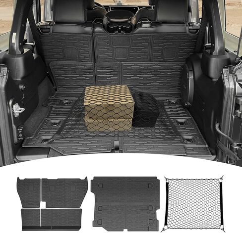 سجادات البضائع مع شبكة لملحقات 2018-2025 Jeep Wrangler JL Unlimited 4X4، جميع حماية الطقس للمقعد الخلفي، غطاء خلفي لبطانة صندوق السيارة، شبكة شحن لـ 18-25 JL JLU نوع الغاز 4 أبواب (ليس لـ 4XE) in Kuwait
