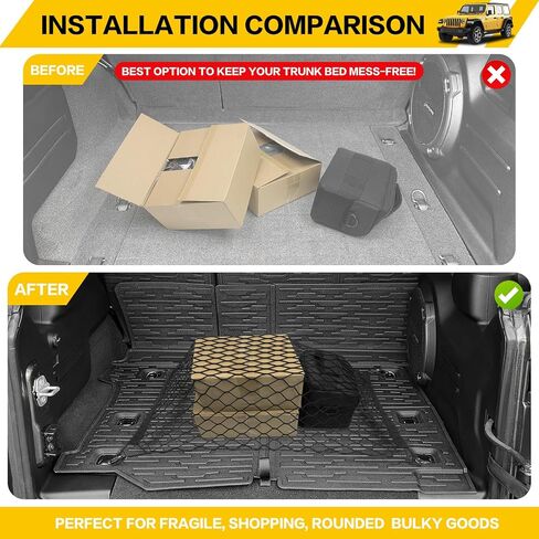 سجادات البضائع مع شبكة لملحقات 2018-2025 Jeep Wrangler JL Unlimited 4X4، جميع حماية الطقس للمقعد الخلفي، غطاء خلفي لبطانة صندوق السيارة، شبكة شحن لـ 18-25 JL JLU نوع الغاز 4 أبواب (ليس لـ 4XE) in Kuwait