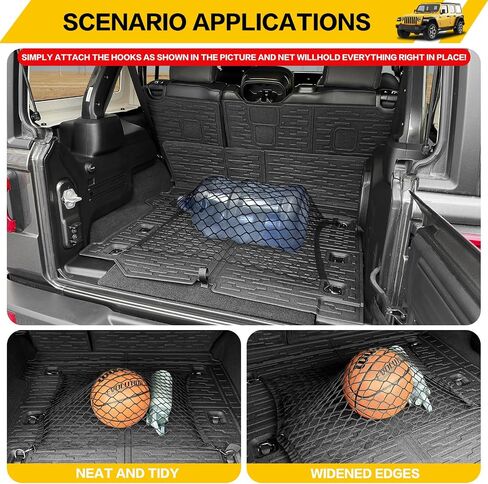 سجادات البضائع مع شبكة لملحقات 2018-2025 Jeep Wrangler JL Unlimited 4X4، جميع حماية الطقس للمقعد الخلفي، غطاء خلفي لبطانة صندوق السيارة، شبكة شحن لـ 18-25 JL JLU نوع الغاز 4 أبواب (ليس لـ 4XE) in Kuwait