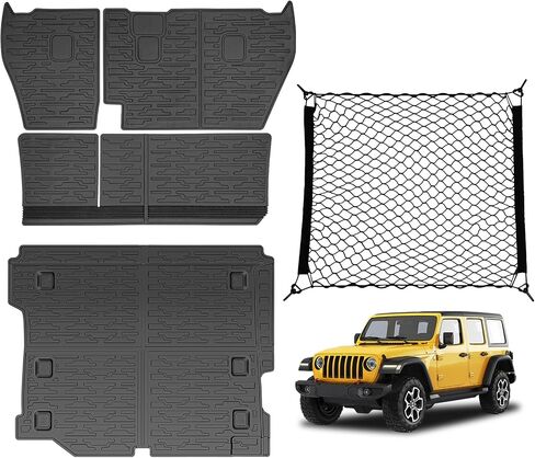 سجادات البضائع مع شبكة لملحقات 2018-2025 Jeep Wrangler JL Unlimited 4X4، جميع حماية الطقس للمقعد الخلفي، غطاء خلفي لبطانة صندوق السيارة، شبكة شحن لـ 18-25 JL JLU نوع الغاز 4 أبواب (ليس لـ 4XE) in Kuwait