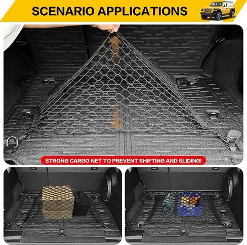 سجادات البضائع مع شبكة لملحقات 2018-2025 Jeep Wrangler JL Unlimited 4X4، جميع حماية الطقس للمقعد الخلفي، غطاء خلفي لبطانة صندوق السيارة، شبكة شحن لـ 18-25 JL JLU نوع الغاز 4 أبواب (ليس لـ 4XE) in Kuwait