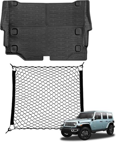 سجادات البضائع مع شبكة لملحقات 2018-2025 Jeep Wrangler JL Unlimited 4X4، جميع حماية الطقس للمقعد الخلفي، غطاء خلفي لبطانة صندوق السيارة، شبكة شحن لـ 18-25 JL JLU نوع الغاز 4 أبواب (ليس لـ 4XE) in Kuwait