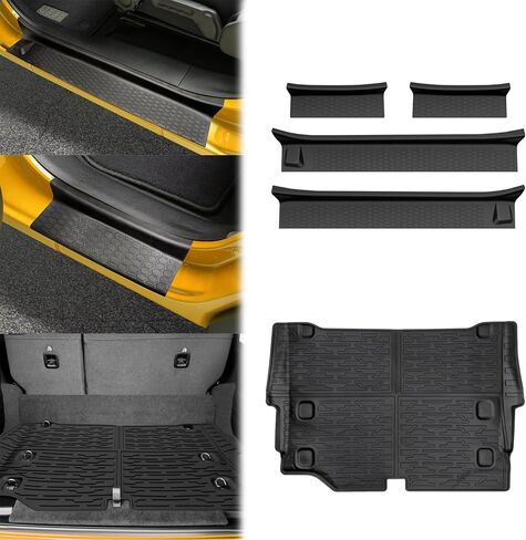سجادات البضائع مع شبكة لملحقات 2018-2025 Jeep Wrangler JL Unlimited 4X4، جميع حماية الطقس للمقعد الخلفي، غطاء خلفي لبطانة صندوق السيارة، شبكة شحن لـ 18-25 JL JLU نوع الغاز 4 أبواب (ليس لـ 4XE) in Kuwait