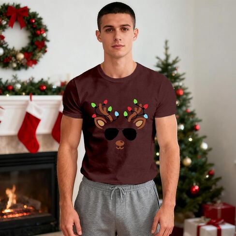 Christmas Shirts for Men Christmas Reindeer T-Shirt Funny Xmas Festival Short Sleeves Tops in Kuwait