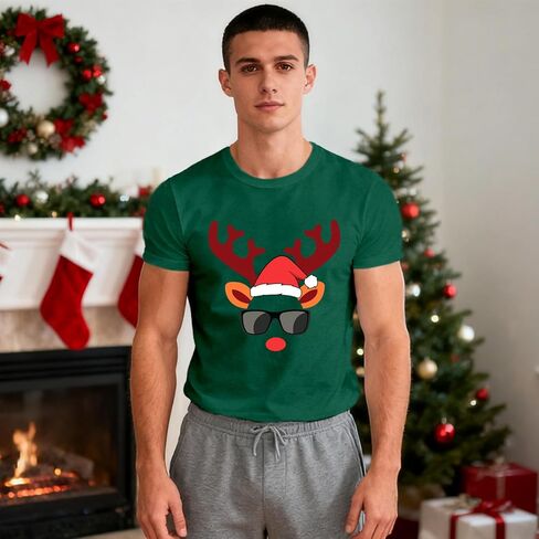 Christmas Shirts for Men Christmas Reindeer T-Shirt Funny Xmas Festival Short Sleeves Tops in Kuwait