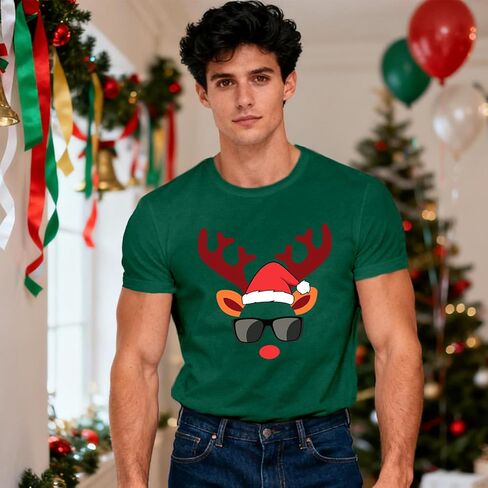 Christmas Shirts for Men Christmas Reindeer T-Shirt Funny Xmas Festival Short Sleeves Tops in Kuwait