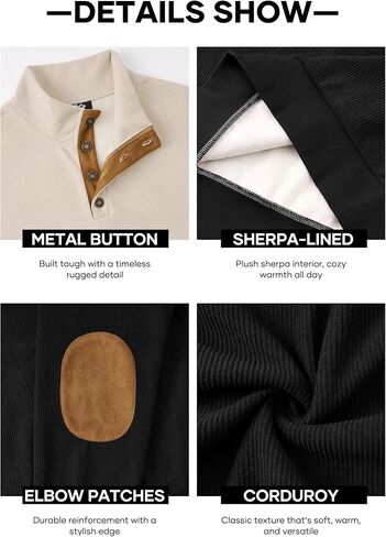 Mens Corduroy Fleece-Lined Sweatshirts Winter Heavyweight Casual Fashion Button Pullover (S-3XL) in Kuwait