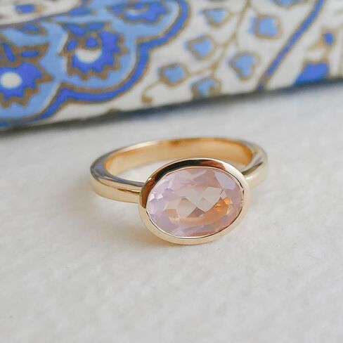 Rose Quartz Oval Cut 925 Gold Plated Sterling Silver Ring - Natural Gem Gemstone - Birthday Valentine's Mother's Day Gift - Handmade Jewelry Gift Ideas for Women - Pink Stone Ring (9) in Saudi Arabia