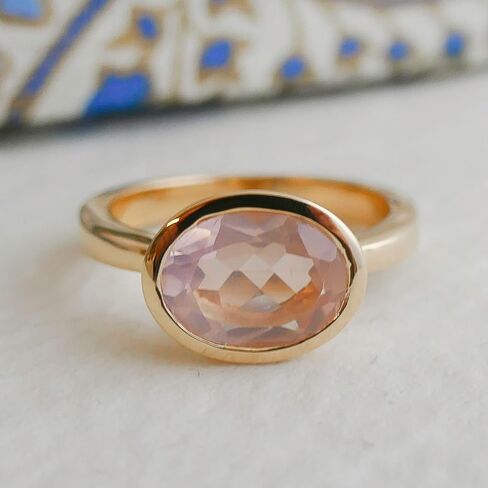 Rose Quartz Oval Cut 925 Gold Plated Sterling Silver Ring - Natural Gem Gemstone - Birthday Valentine's Mother's Day Gift - Handmade Jewelry Gift Ideas for Women - Pink Stone Ring (9) in Saudi Arabia