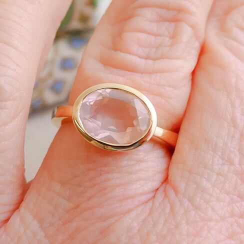 Rose Quartz Oval Cut 925 Gold Plated Sterling Silver Ring - Natural Gem Gemstone - Birthday Valentine's Mother's Day Gift - Handmade Jewelry Gift Ideas for Women - Pink Stone Ring (9) in Saudi Arabia