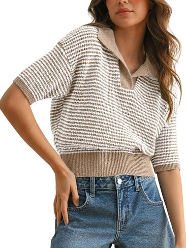 Womens Striped Cropped Sweater Short Puff Sleeve Fall Sweaters V Neck Tops Knit Casual Pullover Shirts Outfits in Saudi Arabia