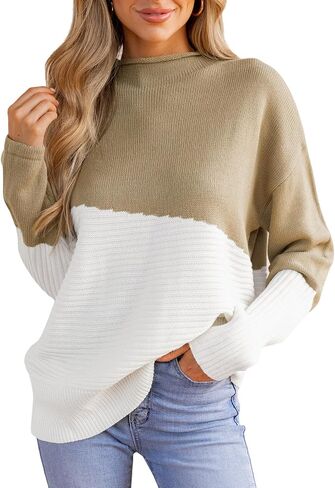 CUPSHE Womens Fall Long Sleeve Mock Neck Sweaters Colorblock Oversized Long Sleeve Knit Pullover Jumper Tops in Saudi Arabia
