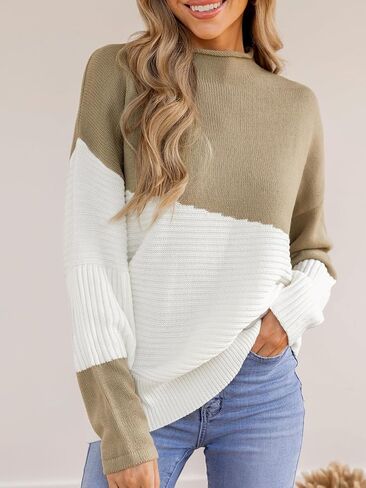 CUPSHE Womens Fall Long Sleeve Mock Neck Sweaters Colorblock Oversized Long Sleeve Knit Pullover Jumper Tops in Saudi Arabia