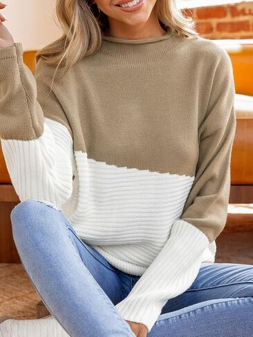 CUPSHE Womens Fall Long Sleeve Mock Neck Sweaters Colorblock Oversized Long Sleeve Knit Pullover Jumper Tops in Saudi Arabia
