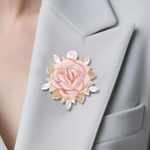 Rose Flower Brooch 1.97In Satin Pearl Crystal Flower Brooch for Women Wedding Dress Suit Hat Accessories Gift in Saudi Arabia