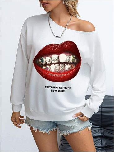 سويت شيرت SweatyRocks نسائي بدون أكتاف ذو رسومات كاجوال وأكمام طويلة in Saudi Arabia