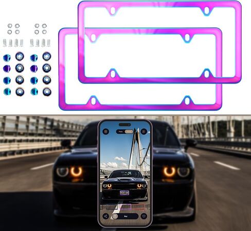 2 Pack NEO Chrome Iridescent License Plate Frame, Stainless Steel Polish, Universal US Canada Bracket Holder, 2 Holes Anti-Theft Design (with caps and mounting Fits) Car Tag (Chameleon - 056) in Saudi Arabia