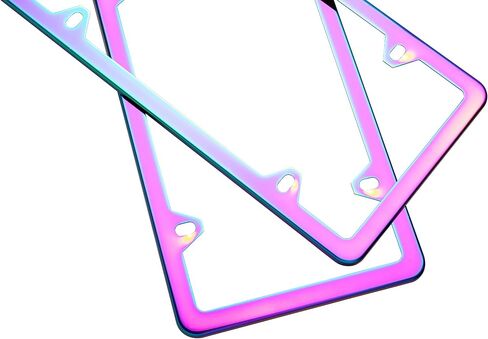 2 Pack NEO Chrome Iridescent License Plate Frame, Stainless Steel Polish, Universal US Canada Bracket Holder, 2 Holes Anti-Theft Design (with caps and mounting Fits) Car Tag (Chameleon - 056) in Saudi Arabia