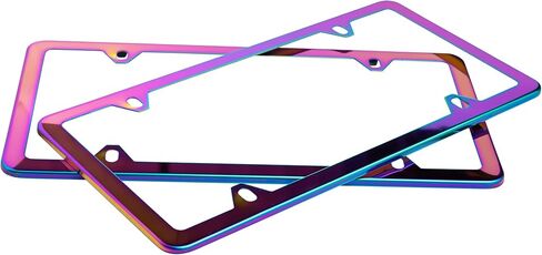 2 Pack NEO Chrome Iridescent License Plate Frame, Stainless Steel Polish, Universal US Canada Bracket Holder, 2 Holes Anti-Theft Design (with caps and mounting Fits) Car Tag (Chameleon - 056) in Saudi Arabia