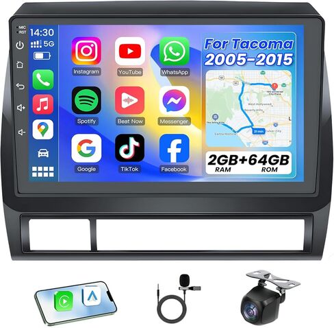 ستيريو راديو السيارة لسيارة Toyota Tacoma 2005-2013: ترقية 2+64G مع CarPlay اللاسلكي Android Auto 9 بوصة تعمل باللمس - 5G WiFi/GPS/Bluetooth in Kuwait