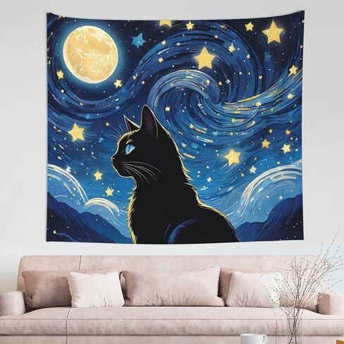 BOXIMIAO نسيج القط الأسود المرصعة بالنجوم السماء القمر نسيج الجدار شنقا ديكورات المنزل جدار بطانية ديكور لغرفة المعيشة غرفة نوم النوم، 60x50 بوصة in Kuwait