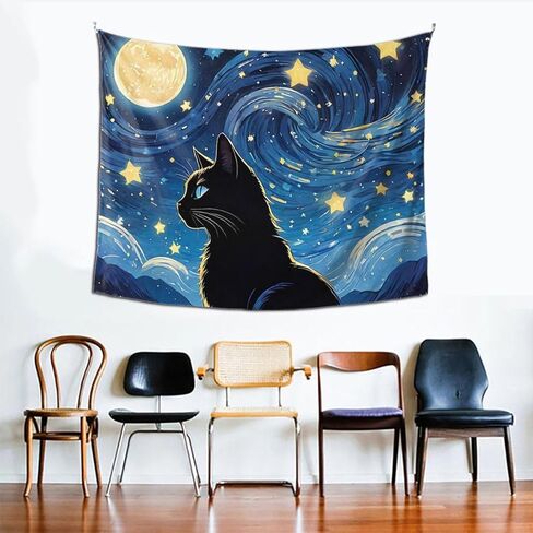 BOXIMIAO نسيج القط الأسود المرصعة بالنجوم السماء القمر نسيج الجدار شنقا ديكورات المنزل جدار بطانية ديكور لغرفة المعيشة غرفة نوم النوم، 60x50 بوصة in Kuwait