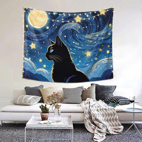 BOXIMIAO نسيج القط الأسود المرصعة بالنجوم السماء القمر نسيج الجدار شنقا ديكورات المنزل جدار بطانية ديكور لغرفة المعيشة غرفة نوم النوم، 60x50 بوصة in Kuwait