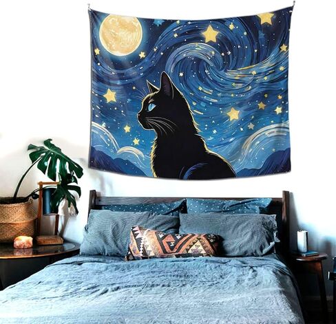 BOXIMIAO نسيج القط الأسود المرصعة بالنجوم السماء القمر نسيج الجدار شنقا ديكورات المنزل جدار بطانية ديكور لغرفة المعيشة غرفة نوم النوم، 60x50 بوصة in Kuwait