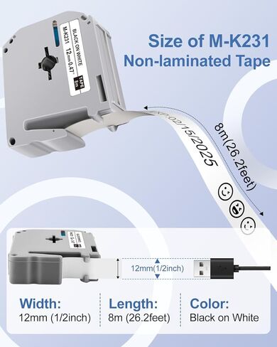5P M-K231 M Tape MK231-731 12mm 1/2 Compatible with Brother M Label Tape 12mm 0.47 White/Color Label Maker M Tape Compatible with Brother PT-80 PT-70 PT-65 PT-55 PT-M95 PT-90 in Kuwait