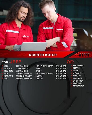 محرك تشغيل لـ: -Jeep Commander 3.7L 2006-2010، Grand Cherokee 3.7L 2005-2010، 12V 1.2KW 10 أسنان في اتجاه عقارب الساعة، استبدال Arranque para Carro OE# 56044734AA 17939N 410-48133 SMT0301 LRS03971 in Kuwait