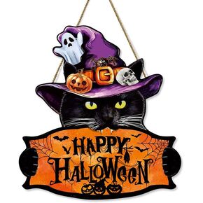Halloween Welcome Sign Hanging Wood Decor- Halloween Door Sign with Black Cat, Witch Hat, Ghost and Pumpkins, Indoor Outdoor Hanging Decor for Holiday Welcome in Saudi Arabia
