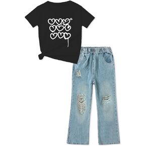 Artmine Girls '2 قطعة من قطعة القلب تي شيرت وسروال جينز الساق الواسعة الساق in Kuwait