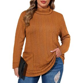 TIYOMI Plus Size Sweaters for Women Long Sleeves Cable Knit Turtleneck Top with Pockets Solid Lightweight Pullover Top Xl-5Xl in Kuwait