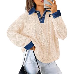 Soesdemo Womens Oversized Cable Knit Sweaters Chunky Long Sleeve Button Up Denim Polo Neck Knit Pullover Tunic Sweaters in Kuwait