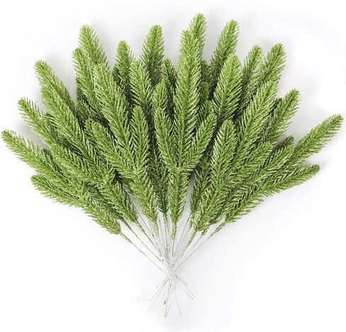 RECUTMS 40 Pcs Christmas Glitter Artificial Pine Needles and Christmas Glitter Berry Stems Floral Picks Branches Greenery Pine for DIY Christmas Garlands Tree Wreath Vase Decoration(White) in Saudi Arabia