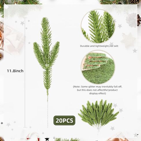 RECUTMS 40 Pcs Christmas Glitter Artificial Pine Needles and Christmas Glitter Berry Stems Floral Picks Branches Greenery Pine for DIY Christmas Garlands Tree Wreath Vase Decoration(White) in Saudi Arabia