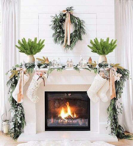 RECUTMS 40 Pcs Christmas Glitter Artificial Pine Needles and Christmas Glitter Berry Stems Floral Picks Branches Greenery Pine for DIY Christmas Garlands Tree Wreath Vase Decoration(White) in Saudi Arabia